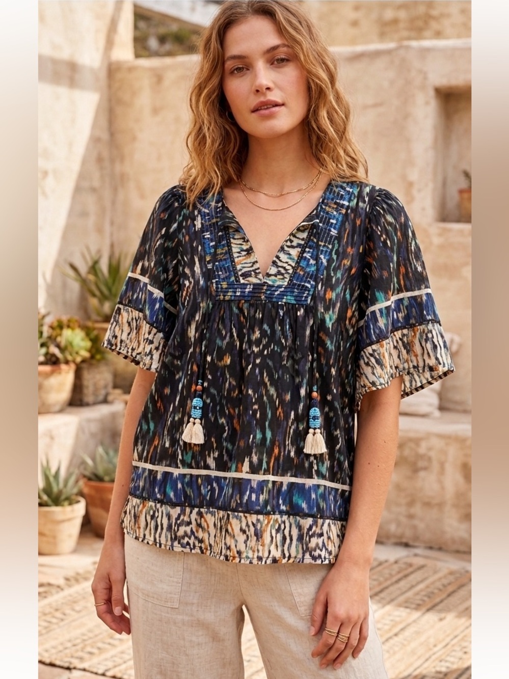 Democracy Boho Blouse Beaded Tassel Top Size Small Ikat Print New! Peasant